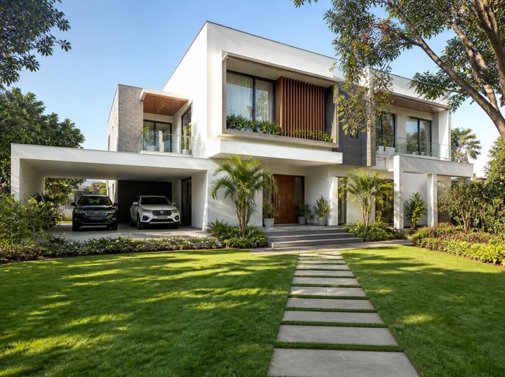 Contemporary independent villa with a lawn and stone pathway