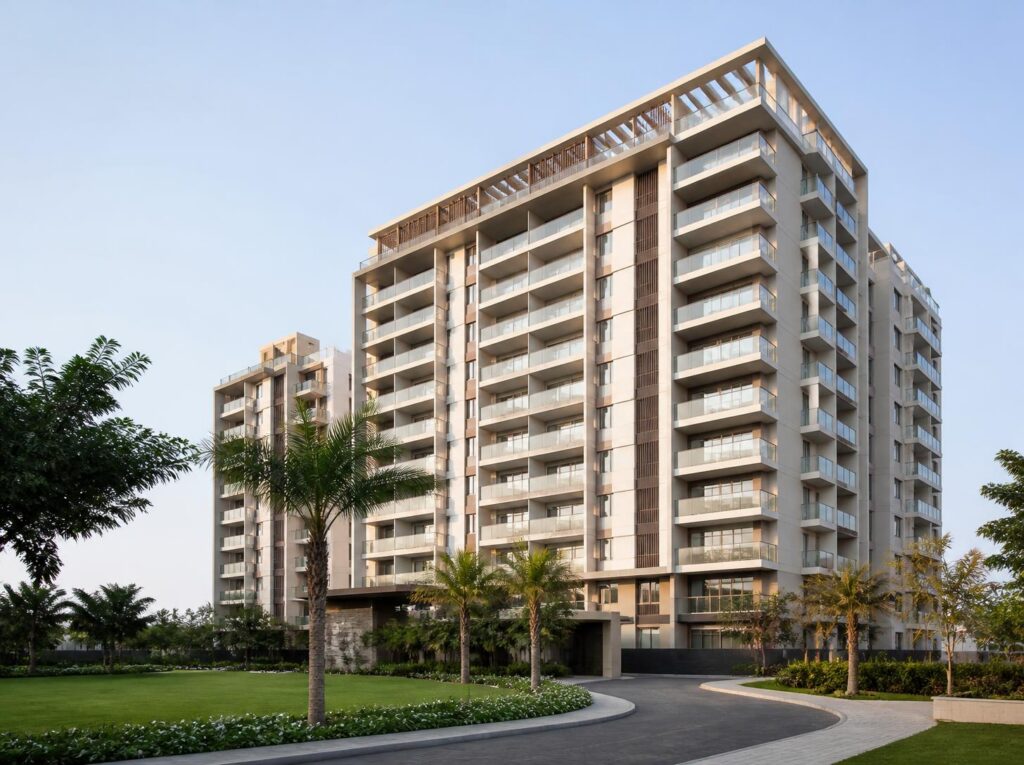 Modern residential apartment tower with landscaped grounds