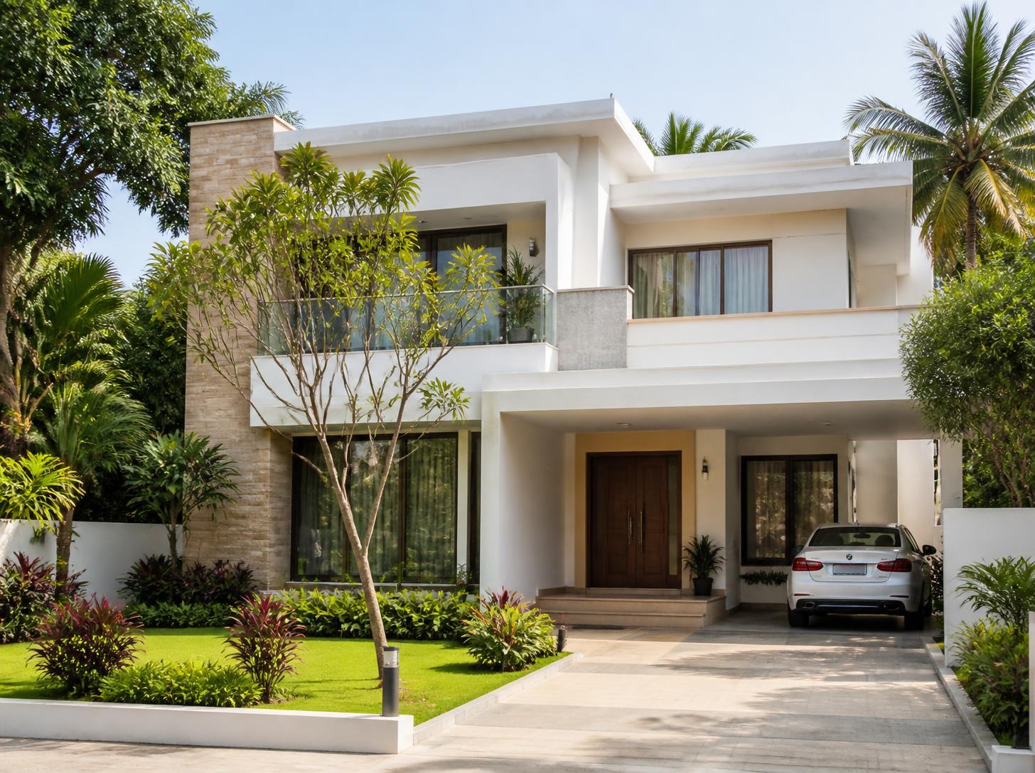 Two-storey white family villa with a front garden and car porch
