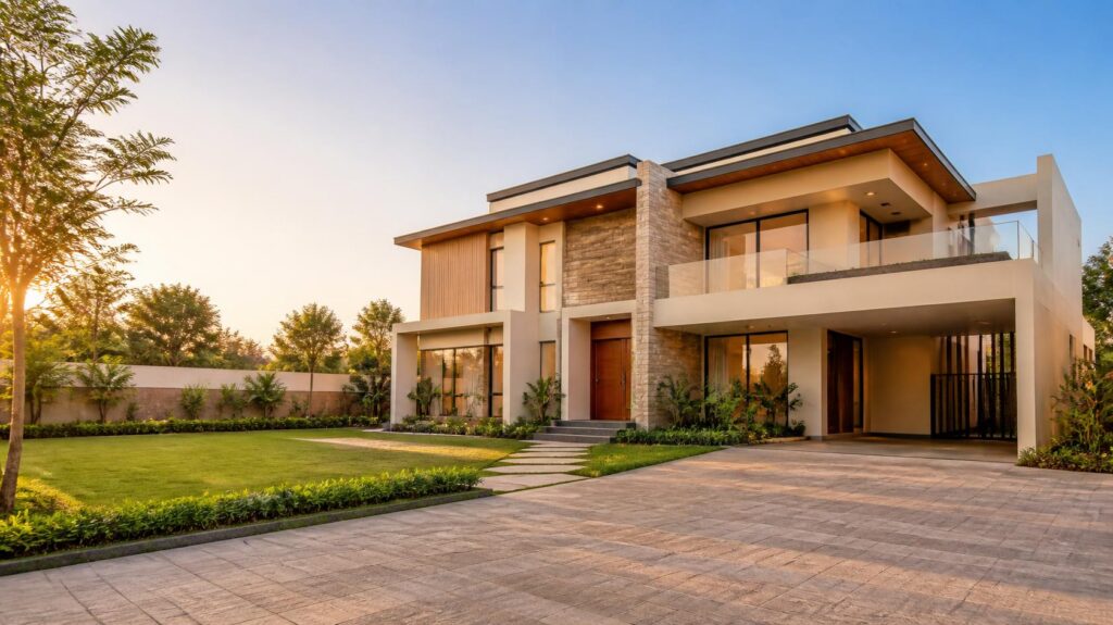 Contemporary villa at sunset